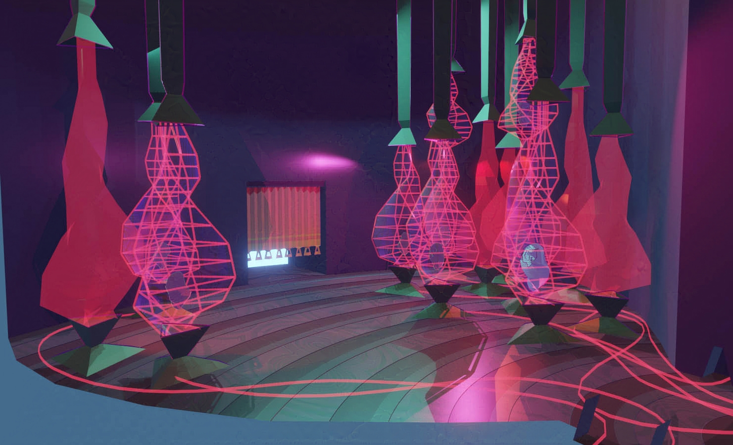 Biology lab with neon cocoons.